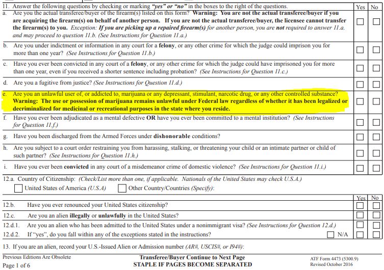 marijuana clause in federal gun application